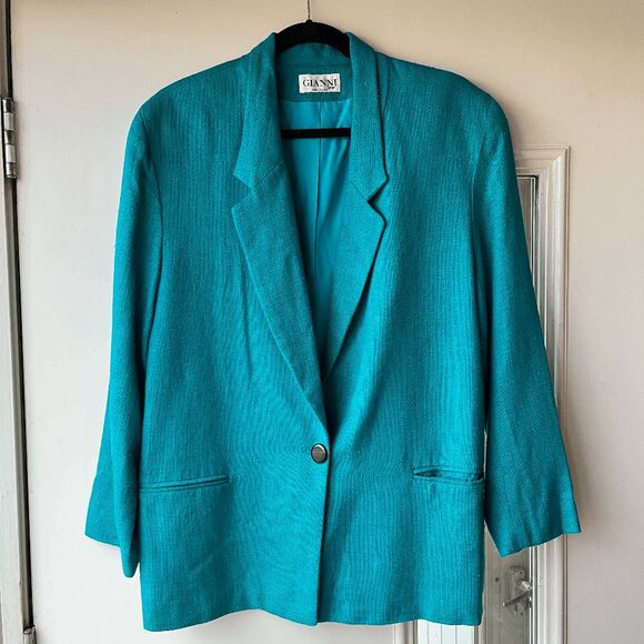 Vintage Gianni Sport Bright Teal Textured Blazer Jacket USA Made Size 14 - Picture 9 of 10